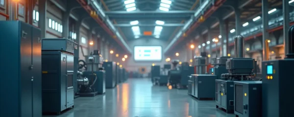 Usine moderne avec équipements énergétiques optimisés et indicateurs de performance en temps réel affichant efficacité énergétique croissante