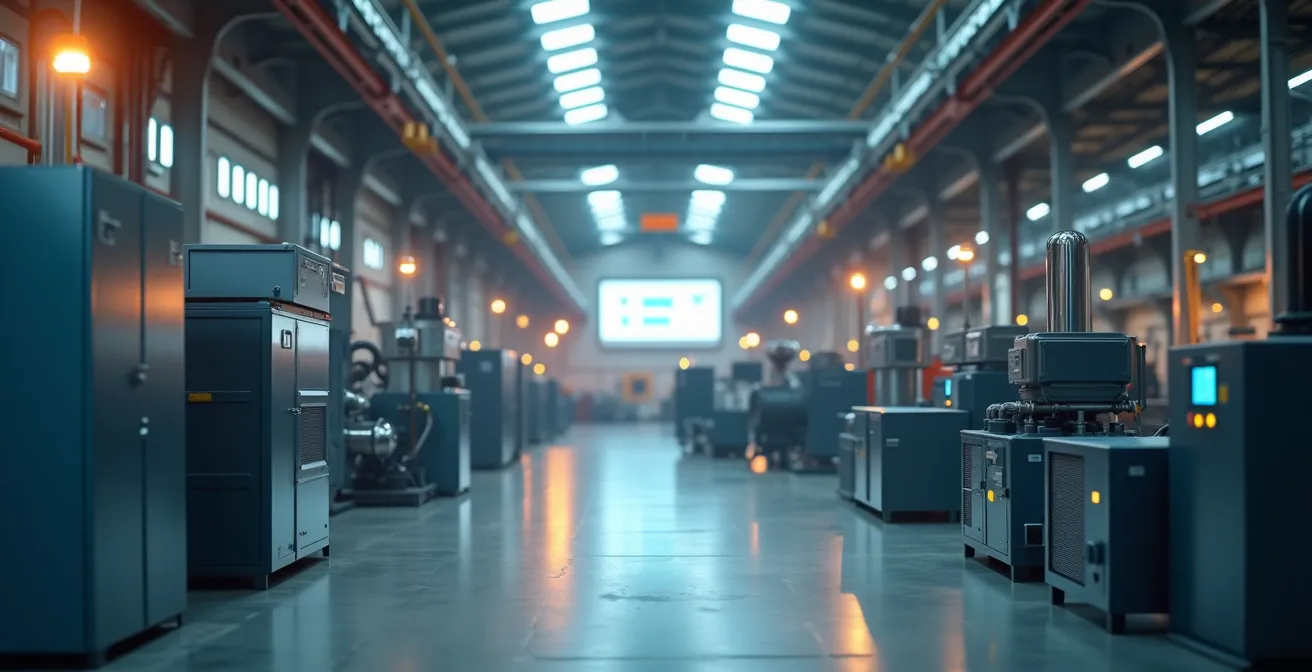 Usine moderne avec équipements énergétiques optimisés et indicateurs de performance en temps réel affichant efficacité énergétique croissante