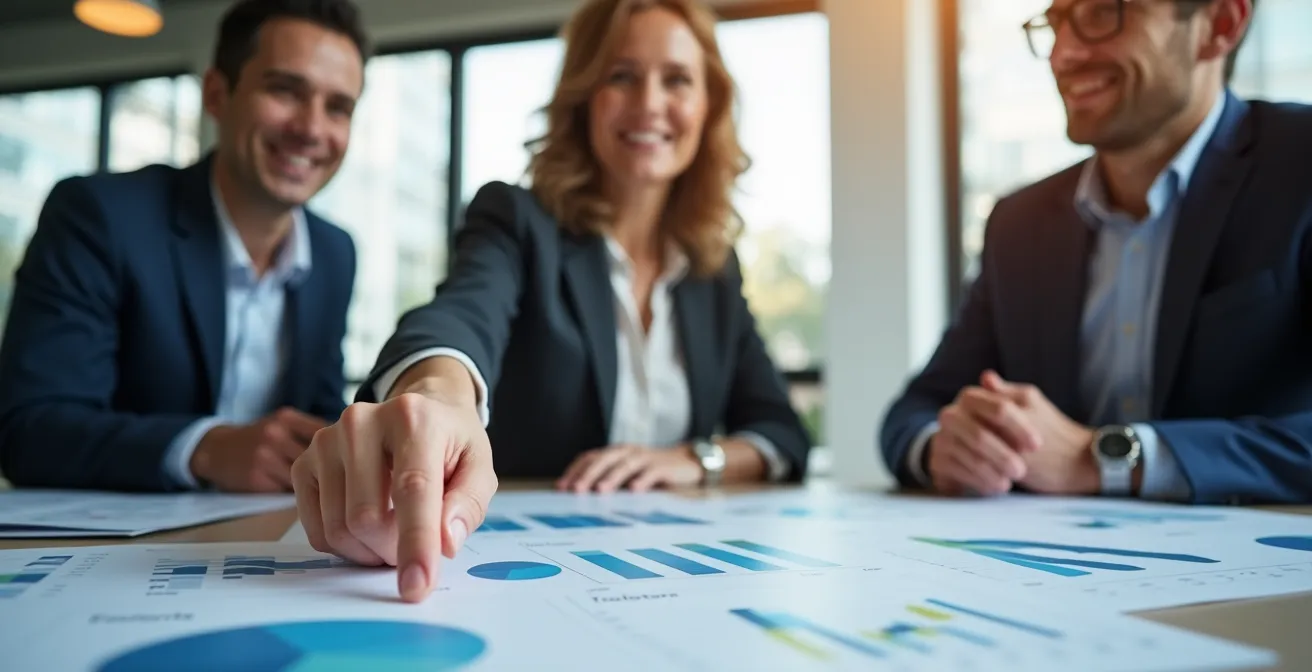 Représentation de trois professionnels analysant des graphiques de performance énergétique et de réduction carbone lors d'une réunion stratégique B2B