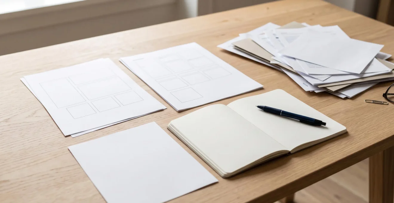 Documents de préparation éditoriale non renseignés disposés sur une table de travail